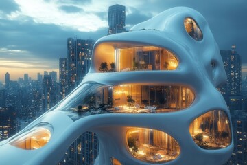 Fototapeta premium Unique modern architecture showcases futuristic design in a vibrant cityscape at dusk