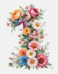The number "1", created from pink, yellow and white flowers framed by green leaves. The bright composition on a white background symbolizes joy and freshness.