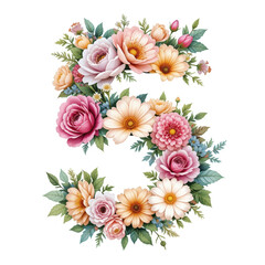 The number "5", created from pink, yellow and white flowers framed by green leaves. The bright composition on a white background symbolizes joy and freshness.
