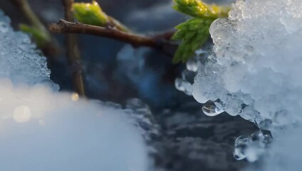 Early Spring Awakening: Melting Ice, Spring Drops, and the First Buds on Trees, Symbolizing the Arrival of New Life and the Gentle Transition from Winter to Spring in a Quiet, Peaceful Landscape.