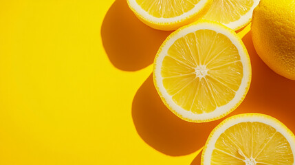A vibrant composition featuring a collection of fresh, zesty lemons artistically arranged against a bright yellow backdrop, evoking a cheerful and energizing atmosphere perfect for summer.