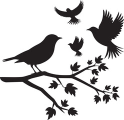 Obraz premium A beautiful black and white silhouette design Silhouettes of birds perched and flying on a branch