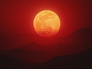 A large orange moon shines over silhouettes of mountain ranges