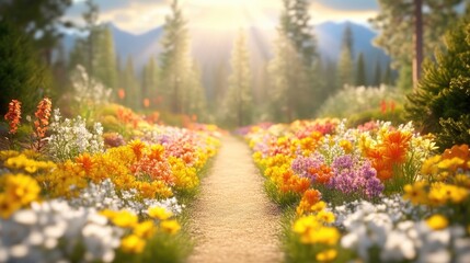 Obraz premium A scenic dirt path winds through a vibrant meadow filled with colorful wildflowers under warm sunlight and distant mountains.