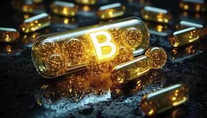 Glowing Vitamin B Capsule for Dark Background.