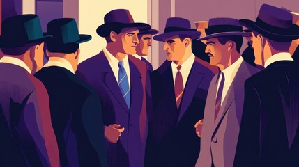 AI generated illustration of a group of men in suits and hats having a conversation