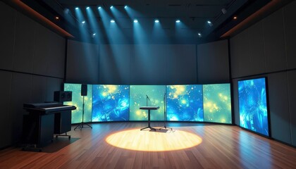Sleek holographic displays illuminate a minimalist recording studio, innovation, screen