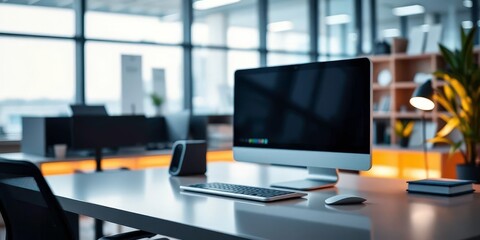 Naklejka premium Sleek modern office desk with computer, blurred background Focus on productivity, workspace, desktop