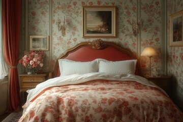 Elegant vintage bedroom with floral wallpaper, soft lighting, and luxurious bedding in a cozy setting