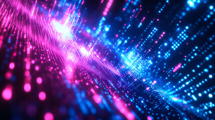 Colorful abstract representation of data streams illuminated by pink and blue lights in a digital environment