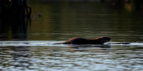 Sleek otter silhouette gracefully entering wetland waters, movement, fishing