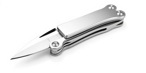 Sleek, silver multitool with prominent knife blade, isolated on white, macro, knife