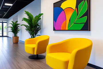 A Studio Photograph of a Vibrant and Inviting Office Featuring a Large Contemporary Painting on the Wall, Creating a Creative and Stimulating Atmosphere