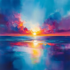 Vibrant Ocean Seascape at Sunset: A Dreamlike Abstract Art with Colorful Horizons and Serene Reflections