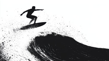 A silhouette of a surfer riding a large wave, capturing the thrill and energy of surfing in a dynamic black-and-white design.