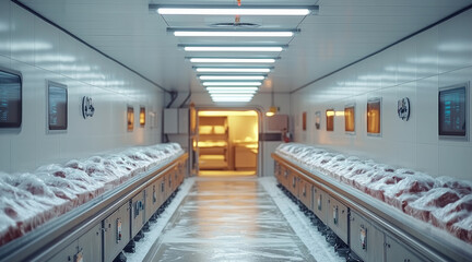 A frozen food production facility with a rapid freezing tunnel and industrial machinery. A cold, high-tech atmosphere highlighted by LED lighting.