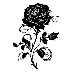 A flowing, nature-inspired graphic with organic, swirling floral silhouettes and a single rose