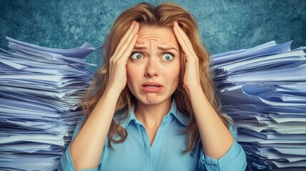 Woman Stressed by Mountain of Paperwork in Office Environment
