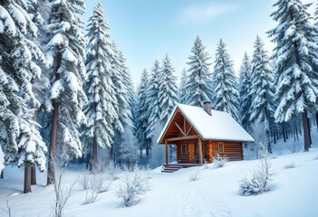 Snow-dusted cabin nestled in a frosty pine forest, frost, texture