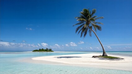 Tropical palm tree standing alone on a serene beach backdrop  