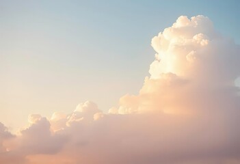 Soft pastel hues paint the sky, fluffy clouds drift lazily, idyllic serenity, light and airy, light