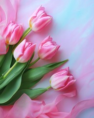 Fototapeta premium Photograph of a bouquet of pink tulips with a blank card on a pastel background, top view.