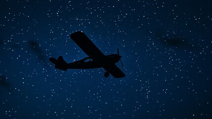 Silhouette of a Small Airplane Against a Starry Night Sky Backdrop