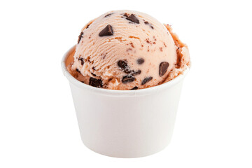 Chocolate chip strawberry ice cream scoop in white cup, cut out