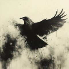 Fototapeta premium Monochrome Black Bird Abstract Art: Aerial Flight Illustration in Dramatic Style
