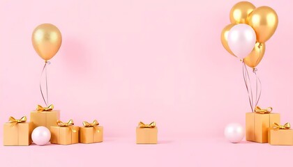 Celebratory golden gifts and balloons against a pastel pink background
