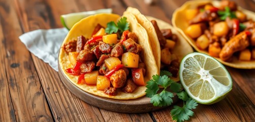 Spicy chorizo and potato street tacos on rustic wood, overhead, close-up