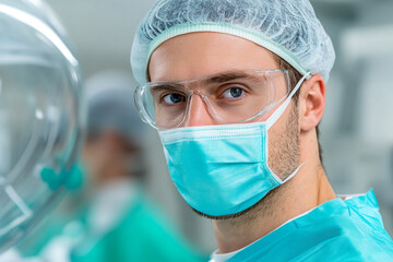 A meticulous DNA specialist analyzing genetic material in a cutting-edge laboratory, wearing a surgical mask and glasses, surrounded by advanced scientific equipment and research materials.