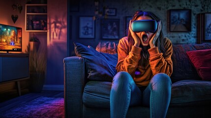Obraz premium Exciting Virtual Reality Experience at Home with Thrilled User