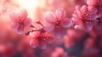 Pink cherry blossoms, delicate and vibrant, with the background blurred to highlight their beauty.
