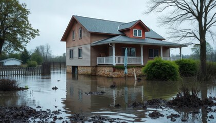 Obraz premium Submerged house, waterlogged yard, damaged foundation, coastal flood, insurance