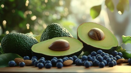 Fresh avocados, blueberries and almonds on a wooden surface in natural light