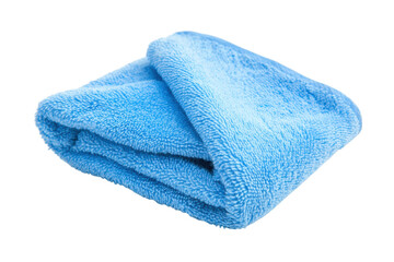 Soft blue microfiber towel folded against white background, cut out