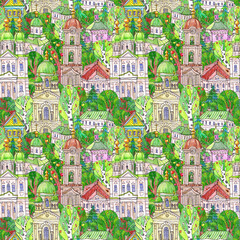Seamless pattern of fairy tale monastery churches, houses and trees. Hand drawn colored pencils sketches