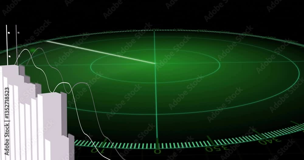 Poster radar screen with animation displaying blip and graph overlay on black background