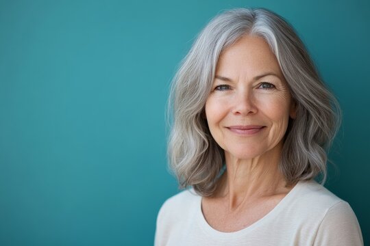 Portrait of a beautiful senior woman with gray hair, smiling against a blue background.