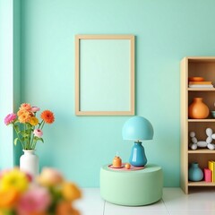 Playful living room scene with vibrant flowers, bold candle holders, and a sculptural balloon dog.
 A mix of pastel tones and geometric shapes create a modern aesthetic.
