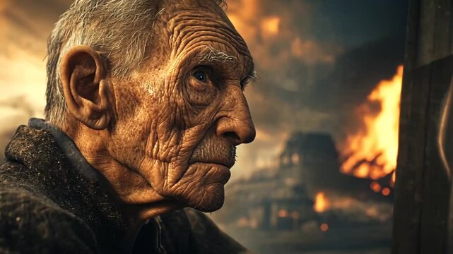 Elderly man watches fire, time stands still, dramatic scene, possible use as a poignant stock image