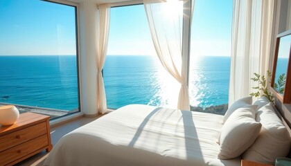Fototapeta premium Sun-drenched bedroom, ocean view, calming blue tones, bright, stock