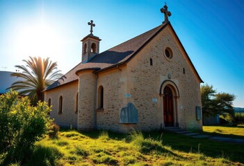 Fototapeta premium Sun-drenched country church, weathered stone, tranquil setting, summer, gothic