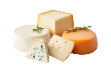 Assorted gourmet cheeses with rosemary on a white background, cut out