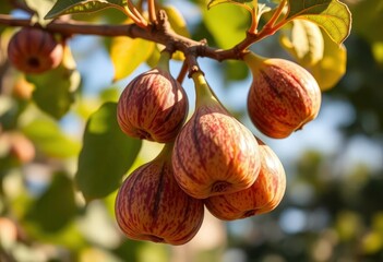 Sun-drenched figs clinging to a lone branch, ripe and plump, ripe, image