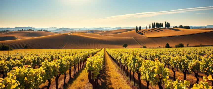 Sun-drenched Tuscan vineyard rows, rolling hills, cypress trees, view, countryside
