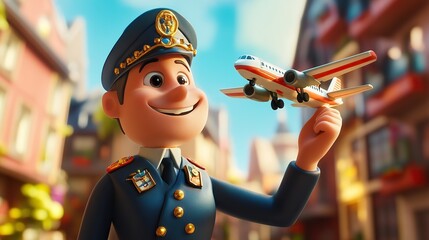A cheerful cartoon pilot holds a miniature airplane, showcasing a playful representation of aviation and travel.