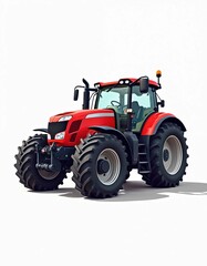 Red modern tractor illustration. Agricultural machinery vehicle with big wheels isolated on white background. Farming equipment for field work, crop harvesting in countryside.