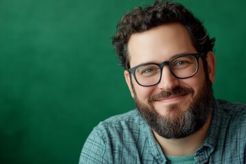 Obraz premium Portrait of a happy, smiling man with glasses and a beard against a green background.